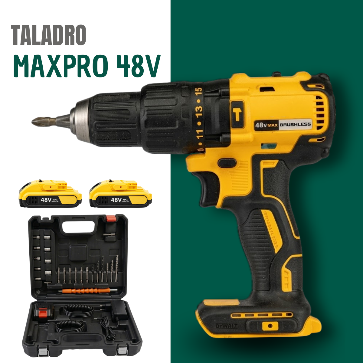 Kit Furadeira e Parafusadeira Sem Fio MaxPro 48V Completo + Maleta de Acessórios e 2 Baterias Grátis