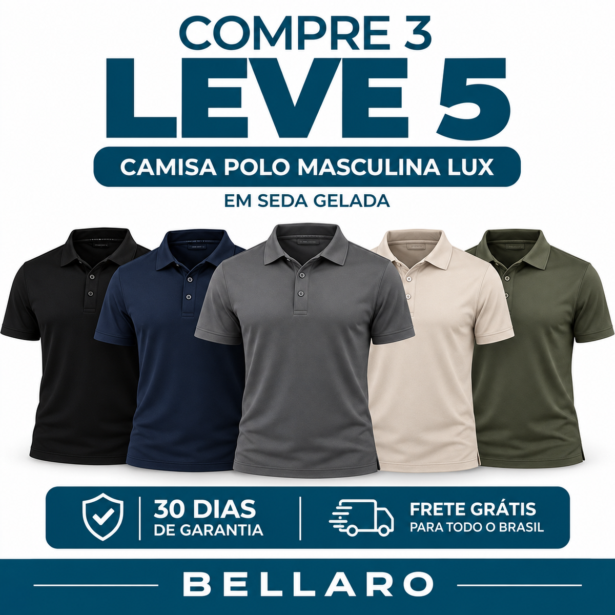 [Compre 3 Leve 5] Camisa Polo Masculina Lux | Tecido Gelado Tecnológico com Elasticidade