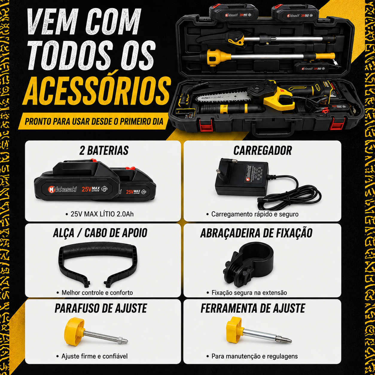 Mini Motosserra Elétrica Portátil + 4 Baterias e Bolsa de Ferramentas Grátis