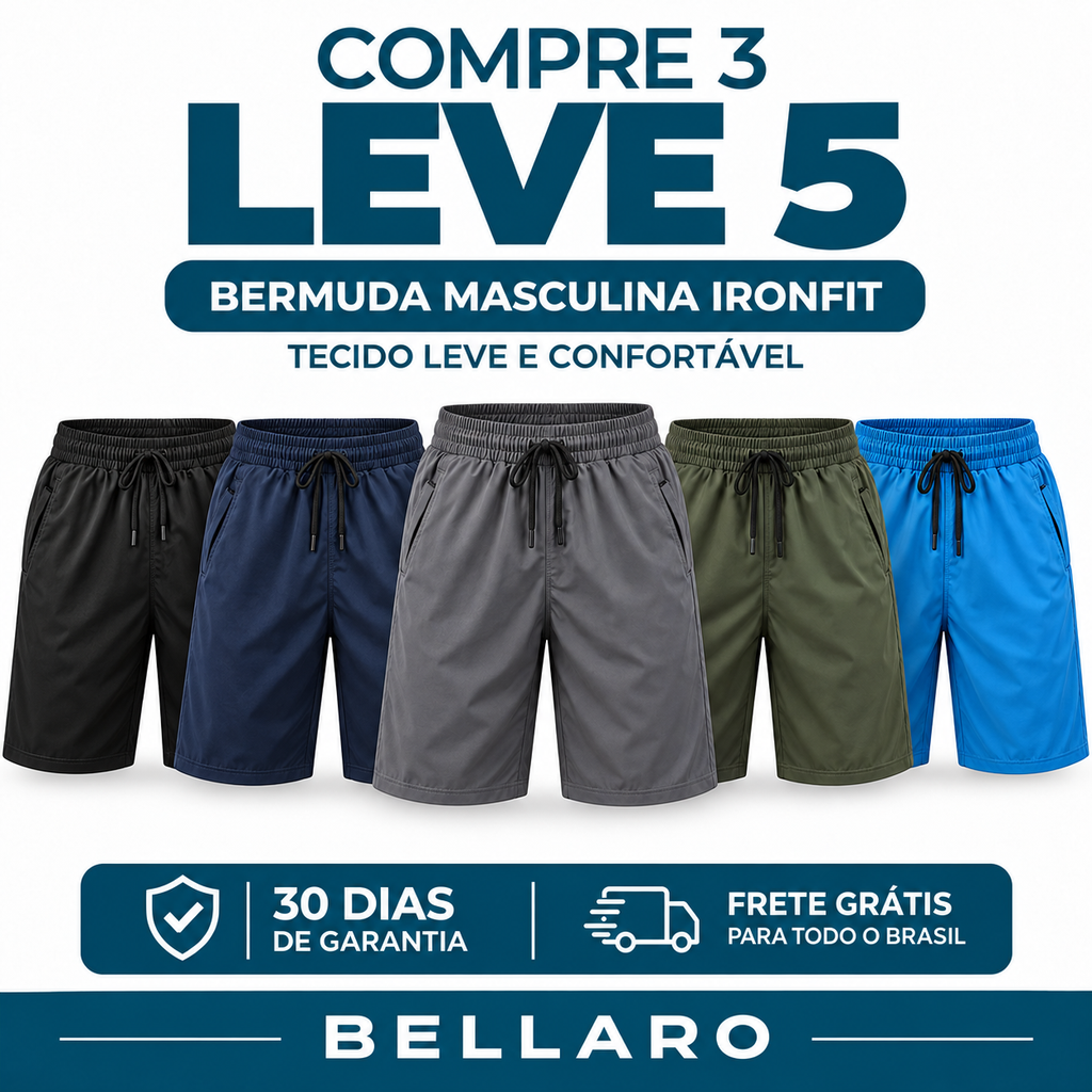 [Leve 5 e Pague 3] Bermuda Masculina IronFit Premium | Leveza, Conforto e Liberdade nos Treinos