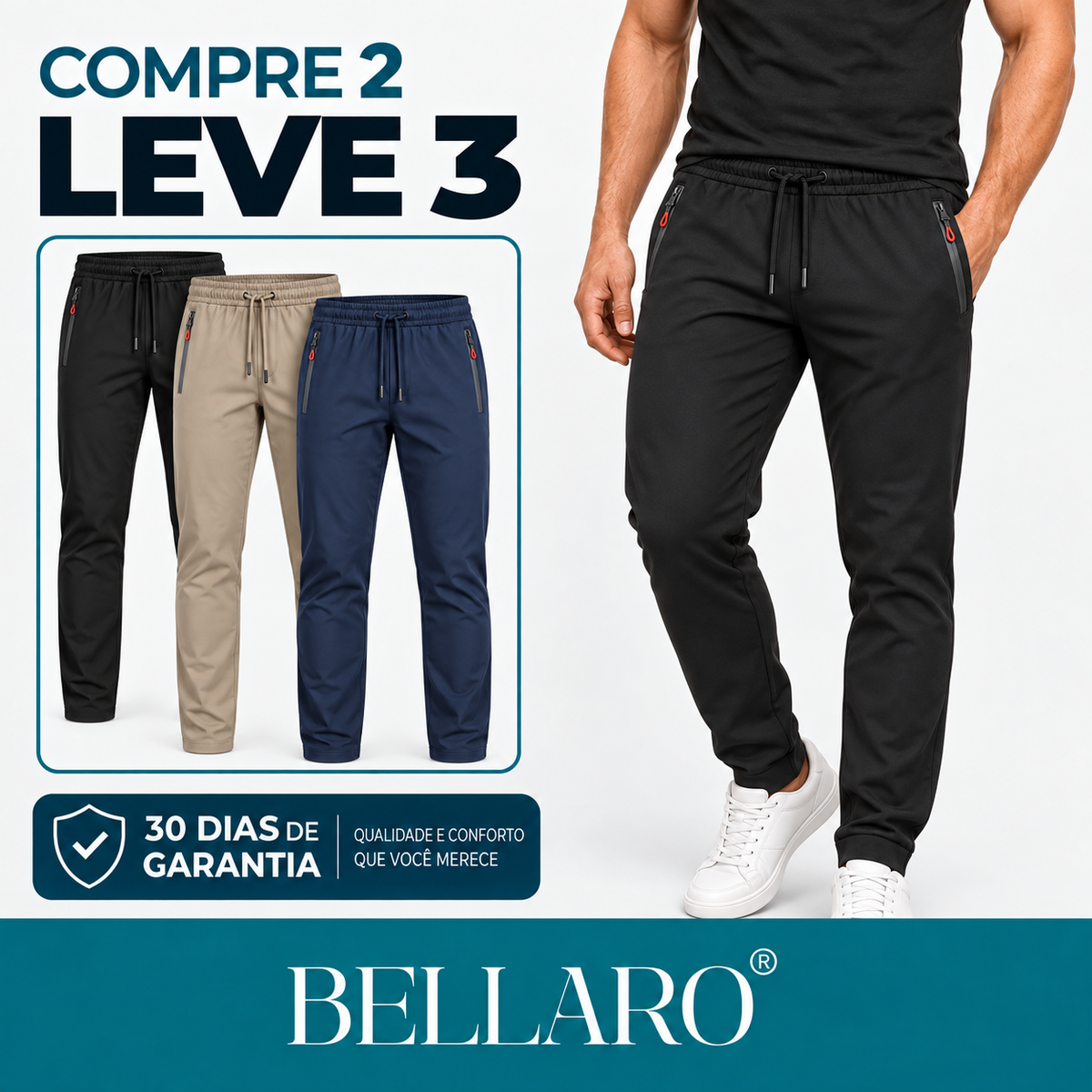 [Compre 2 Leve 3] Calça Masculina Tática Jogger | Conforto com Bolsos de Zíper e Ajuste na Cintura