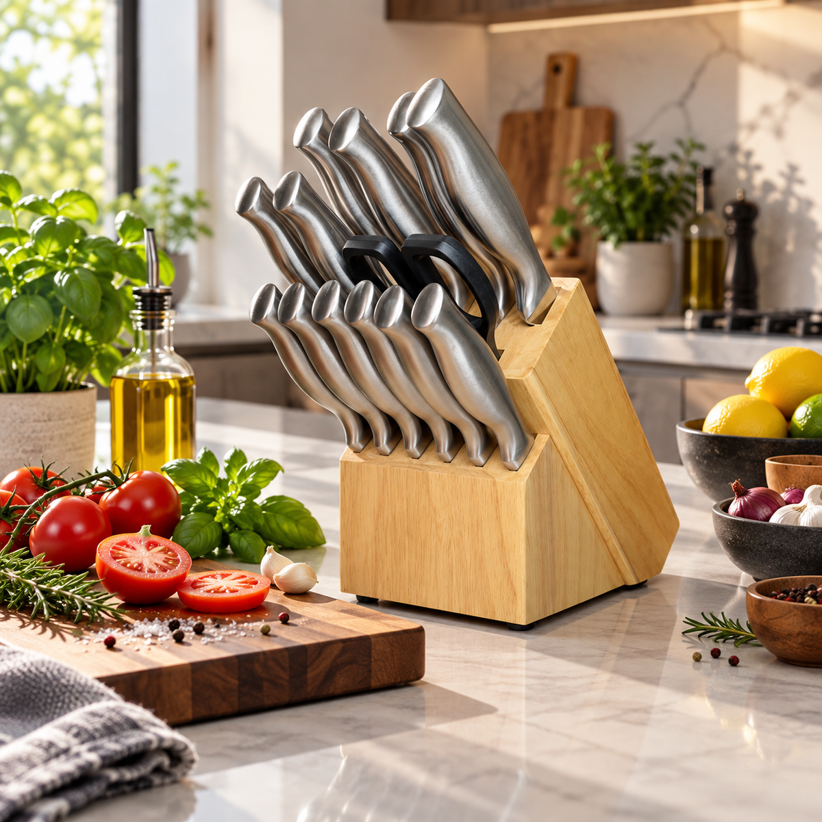 Kit 15 Peças de Facas de Cozinha em Aço Inox com Suporte de Madeira – Corte Preciso e Alta Durabilidade