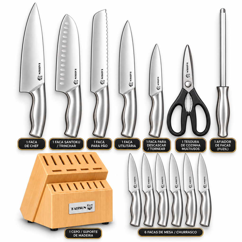 Kit 15 Peças de Facas de Cozinha em Aço Inox com Suporte de Madeira – Corte Preciso e Alta Durabilidade