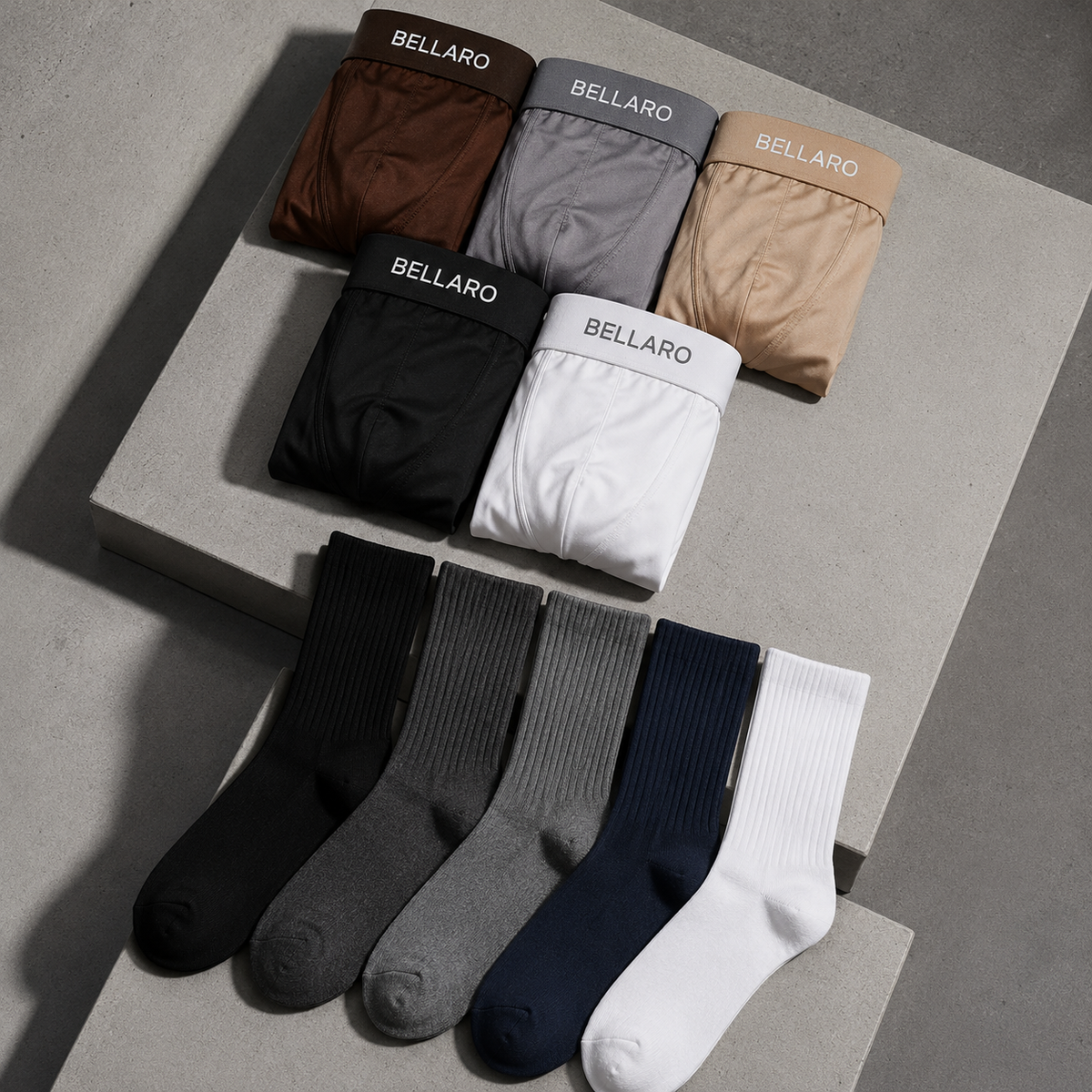 [Leve 10 e Pague 5] Kit Masculino Bellaro – 5 Cuecas Boxer Premium + 5 Pares de Meias