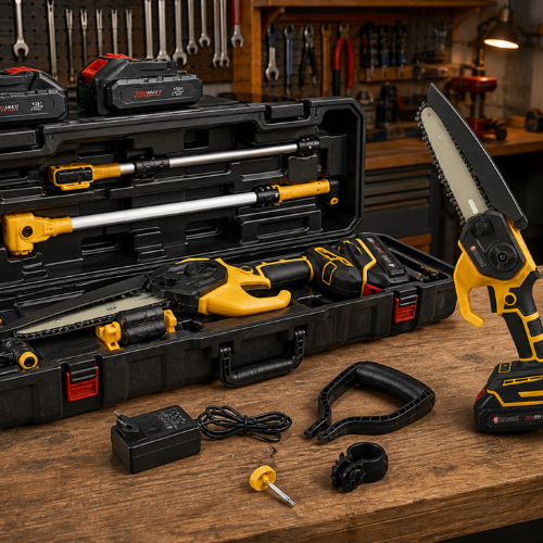 Mini Motosserra Elétrica Portátil + 4 Baterias e Bolsa de Ferramentas Grátis