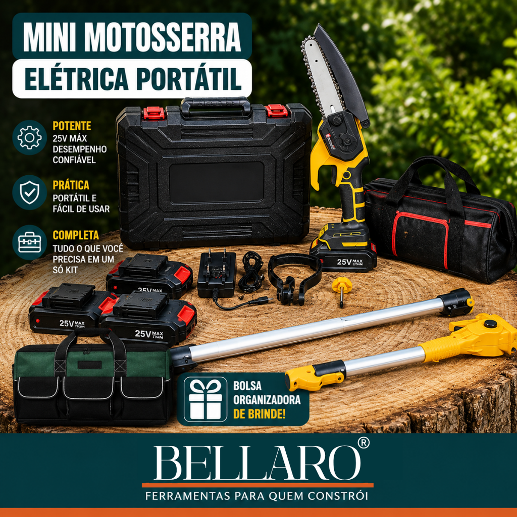 Mini Motosserra Elétrica Portátil + 4 Baterias e Bolsa de Ferramentas Grátis